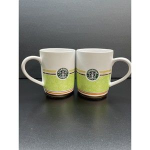 2 Starbucks Cups/ Mugs Mermaid Logo 2008 Green White Brown Orange Stripes
